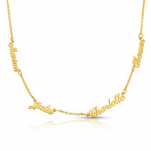 Load image into Gallery viewer, Personalized multiple name necklace in yellow gold with four script names