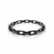 Load image into Gallery viewer, Personalized mens bracelet in black stainless steel with the names Kelley, David and Emma engraved on paperclip links