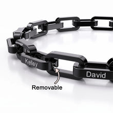 Load image into Gallery viewer, Close-up of the removable link on a personalized mens bracelet with the name David engraved