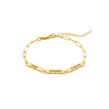 Load image into Gallery viewer, Gold paperclip name bracelet with lobster clasp and extender chain on white background