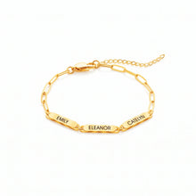 Load image into Gallery viewer, Gold paperclip name bracelet engraved with Emily, Eleanor and Catelyn on three bars
