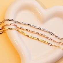 Load image into Gallery viewer, Personalized name bracelets in gold, rose gold and silver on a heart-shaped dish