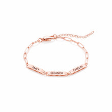 Load image into Gallery viewer, Rose gold plated paperclip name bracelet with three engraved names