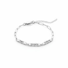 Load image into Gallery viewer, Silver rhodium plated paperclip name bracelet with three engraved names