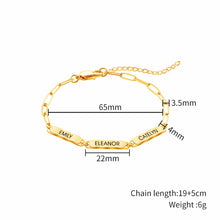 Load image into Gallery viewer, Paperclip name bracelet size chart showing name bar length, chain width and weight