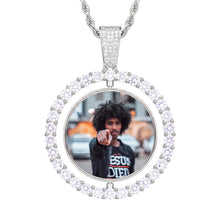 Load image into Gallery viewer, Silver color two photo pendant with a picture inside a round iced-out CZ halo on a rope chain