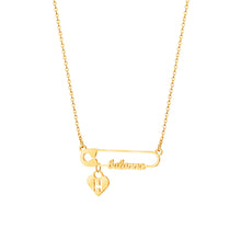 Load image into Gallery viewer, Safety pin name necklace in gold with the name Balanna and a heart initial charm 