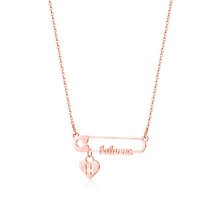 Load image into Gallery viewer, Rose gold safety pin name necklace with a heart initial charm
