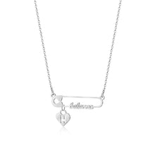 Load image into Gallery viewer, Silver safety pin name necklace with a script name and heart initial charm