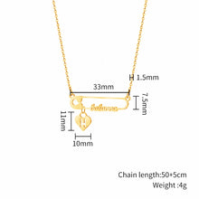 Load image into Gallery viewer, Safety pin name necklace size chart: 33 x 7.5 mm pin, 13 x 10 mm heart charm, 4 g