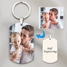 Load image into Gallery viewer, Photo dog tag keychain with a color picture of a dad and baby on the front and Add Engraving on the back