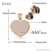 Load image into Gallery viewer, Size guide for the photo heart locket showing 45mm height, 32mm width, 36g weight, made of brass and AAA+ zircon stones.