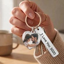 Load image into Gallery viewer, Hand holding a heart photo keychain with a color photo and I Love You 3000 engraved on the bar