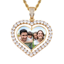Load image into Gallery viewer, Gold spinning heart photo necklace with a couple's picture inside an iced-out CZ heart