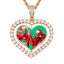 Load image into Gallery viewer, Gold spinning heart pendant with a couple's Christmas photo inside a prong-set CZ heart