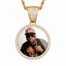 Load image into Gallery viewer, Gold custom picture chain with a round iced out picture pendant and CZ bail on a white background