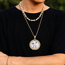 Load image into Gallery viewer, Man wearing a personalized picture necklace with a round iced-out medallion