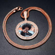Load image into Gallery viewer, Rose gold plated 3-row custom photo medallion necklace for men with an iced out frame and a cuban chain.