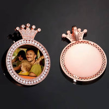 Load image into Gallery viewer, Front and blank back view of the rose gold plated custom crown memory pendant necklace.