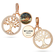 Load image into Gallery viewer, Rose gold plated tree of life custom photo pendant featuring a family picture and a smooth back for personalized name engraving