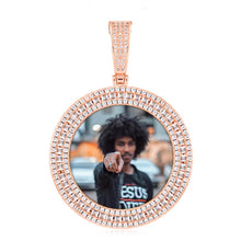 Load image into Gallery viewer, Close-up of the rose gold plated 3-row round memory medallion pendant showing detailed iced-out stone setting.