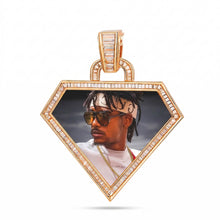 Load image into Gallery viewer, Rose gold plated GetEngravings triangle photo memory pendant with an iced-out frame and a custom photo.