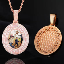 Load image into Gallery viewer, ose gold plated iced-out picture necklace for men, displaying a custom family photo on the front and a detailed honeycomb pattern on the back.