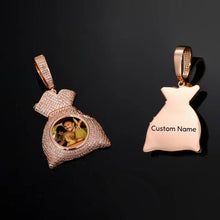 Load image into Gallery viewer, Front and back engraved view of the rose gold plated money bag custom picture pendant from GetEngravings