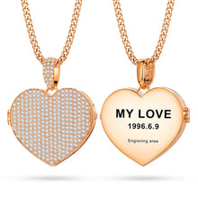 Load image into Gallery viewer, Front iced-out view and back view of the rose gold photo heart locket, showcasing custom name and date engraving.