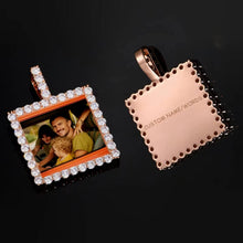 Load image into Gallery viewer, Front view featuring a custom picture and back view with engraved text on the rose gold plated square memory pendant
