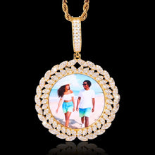 Load image into Gallery viewer, Gold personalized round picture memory necklace with iced-out CZ double halo