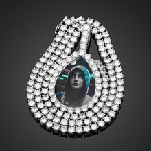 Load image into Gallery viewer, White gold plated custom teardrop photo memory pendant paired beautifully with a sparkling tennis chain.