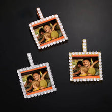 Load image into Gallery viewer, Three custom square picture necklaces in 14k yellow gold, white gold, and rose gold plating, featuring a personalized family photo inside