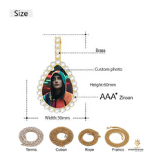 Load image into Gallery viewer, Rose gold custom teardrop photo pendant elegantly displayed inside a black gift box alongside a matching chain.