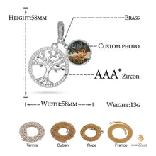 Load image into Gallery viewer, Size and specification guide for the tree of life custom photo pendant, showing 58mm height, 58mm width, 13g weight, made of brass and AAA+ zircon stones.