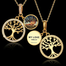 Load image into Gallery viewer, Front and back of gold tree of life photo pendant with custom engraving