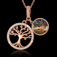 Load image into Gallery viewer, Rose gold plated family tree pendant necklace with photo inside and CZ halo