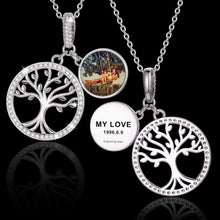 Load image into Gallery viewer, Silver rhodium plated tree of life necklace with picture and engraved back