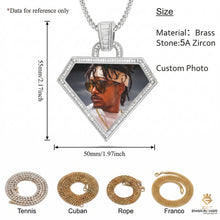 Load image into Gallery viewer, Size guide for the triangle photo pendant necklace showing 55mm height, 50mm width, made of brass and 5A zircon stones, along with chain options.