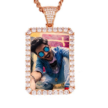 Load image into Gallery viewer, 14k rose gold plated iced out pendant with picture – rectangle CZ photo medallion necklace