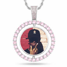 Load image into Gallery viewer, White gold plated colorful cubic zirconia double-sided custom photo pendant featuring pink stones and a custom portrait picture on a rope chain.