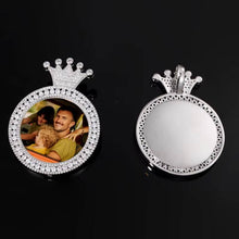 Load image into Gallery viewer, Front view with a personalized photo and blank back view of the white gold plated iced-out crown memory pendant.