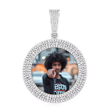 Load image into Gallery viewer, Close-up of the white gold plated 3-row round memory medallions pendant for men with a personalized photo.