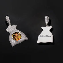 Load image into Gallery viewer, Front view featuring a custom family picture and back view ready for custom name engraving on the silver money bag custom picture pendant