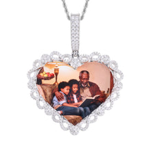 Load image into Gallery viewer, White gold plated custom iced out heart necklace featuring a personalized family photo inside a beautifully detailed frame.