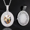 Front and honeycomb back view of the white gold plated custom photo pendant necklace for men with a personalized picture inside.