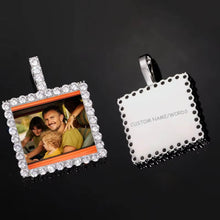 Load image into Gallery viewer, Front view with a custom photo and back view showing personalized name engraving on the white gold plated square picture necklace