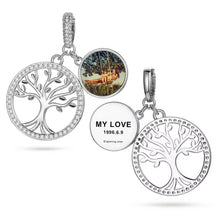 Load image into Gallery viewer, White gold plated custom family tree photo pendant necklace showing a personalized picture and a blank back ready for custom text engraving.