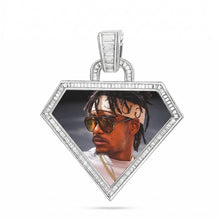 Load image into Gallery viewer, White gold plated iced-out triangle photo pendant necklace showcasing a personalized custom picture inside.