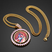 Load image into Gallery viewer, 14k yellow gold colorful cubic zirconia double-sided custom photo pendant featuring purple stones and a personalized picture inside.
